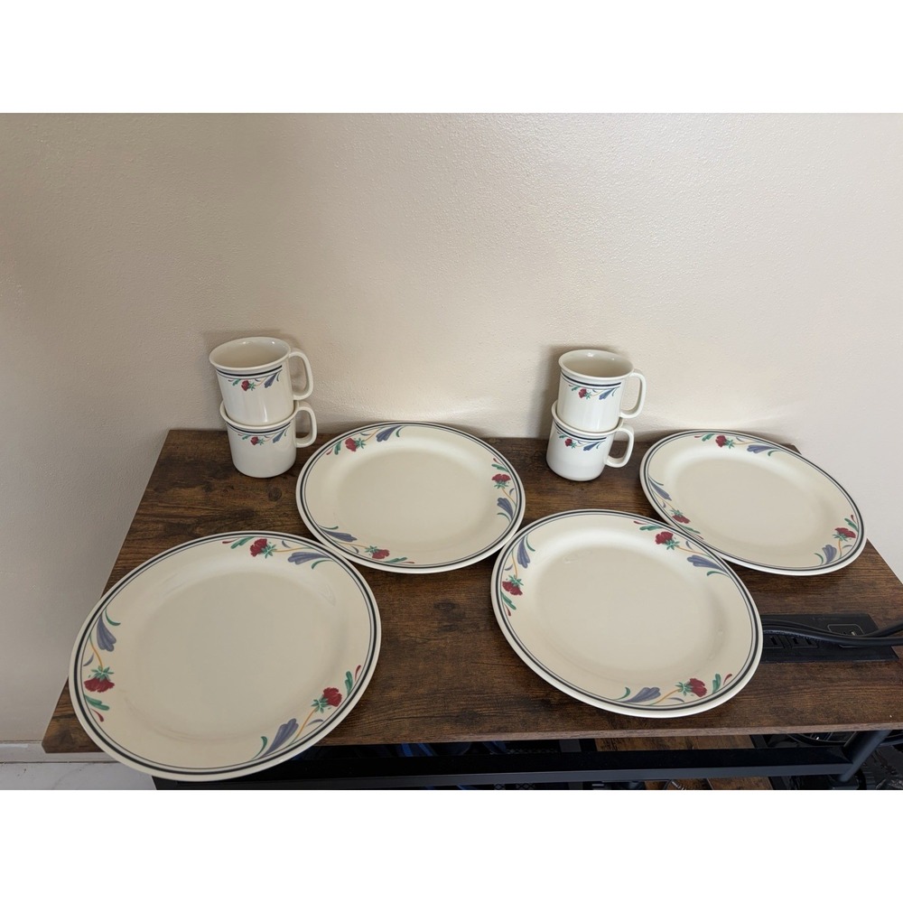 Lenox Poppies on Blue Melamine 10 Pc Set 6 Plates 4 Mugs Floral Dinnerware